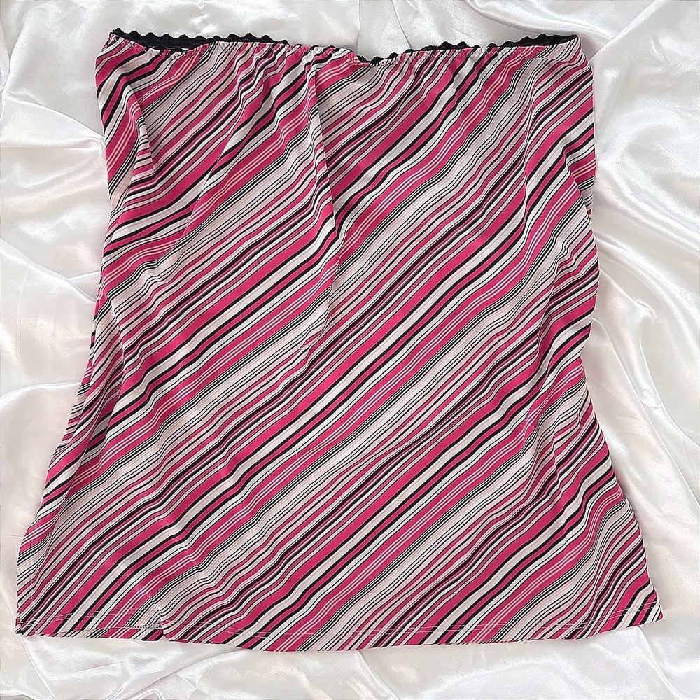 George Pink Black White Diagonal Stripe Lace Trim Tube Top Large Y2K GLF0141M